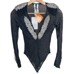 Y2K KikiRiki Small Black Rhinestone NWT Mesh Bodysuit